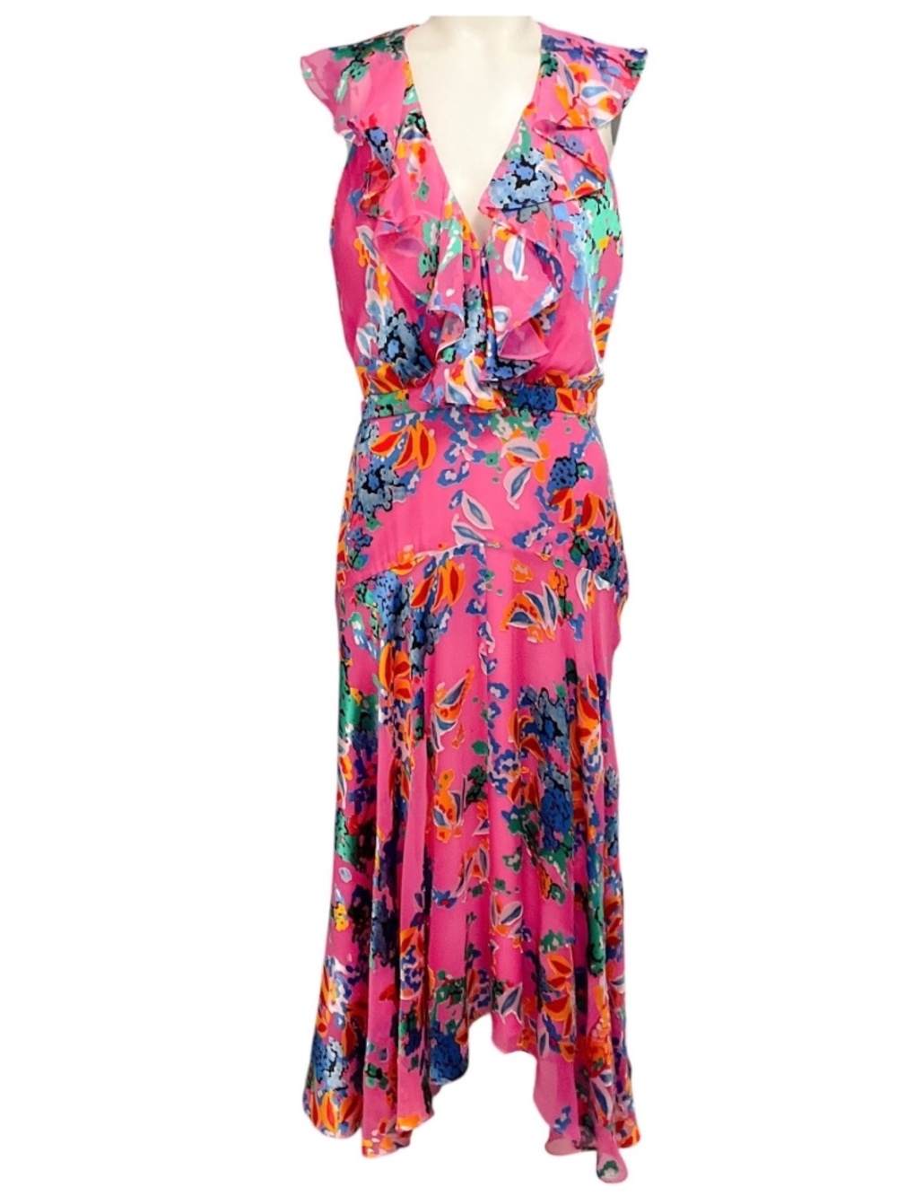 SALONI HOT PINK MULTI FLORAL PRINTED SILK CHIFFON MIDI DRESS